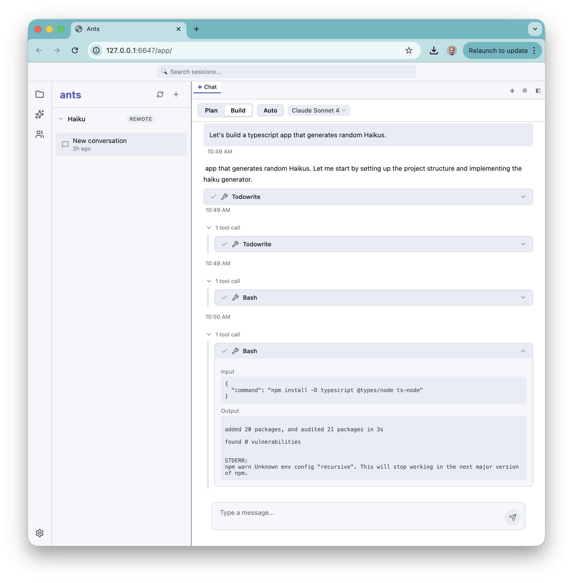 The agent streams tool calls and bash output in real time as it scaffolds a TypeScript project.